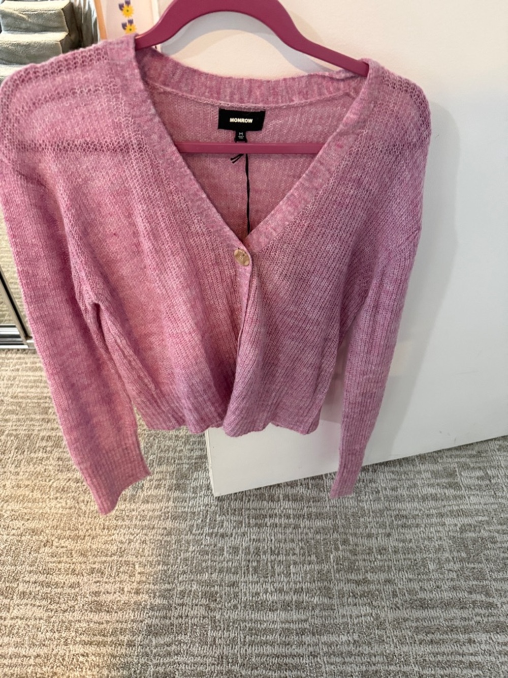 Monrow Rose Pink V-Neck Ribbed Button Cardigan - Picture 4 of 5